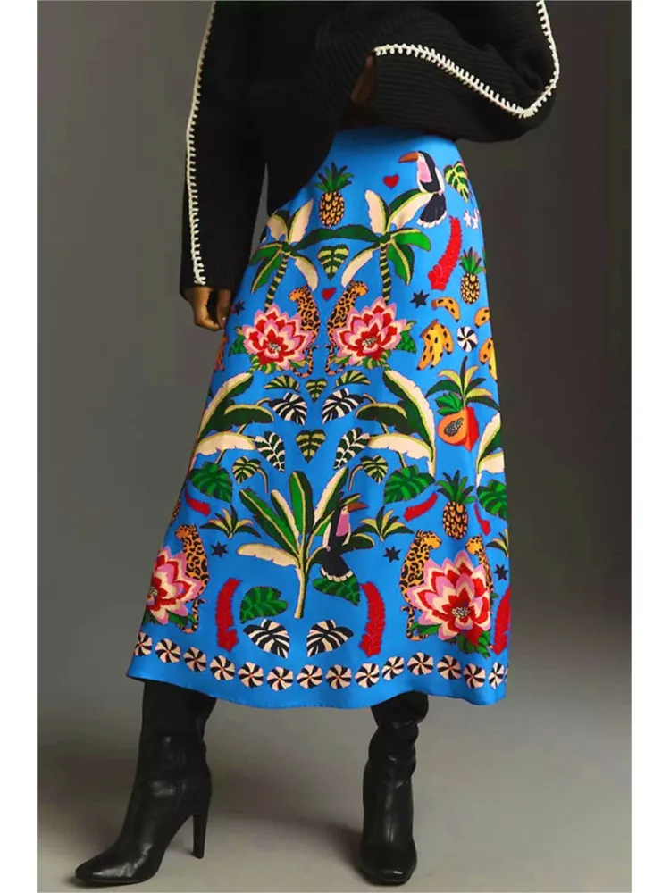 

Women Colored Floral Printed Elegant Skirts Summer Fashion New Street Tropical Plant Print A-line Vacation Half Skirt Femme