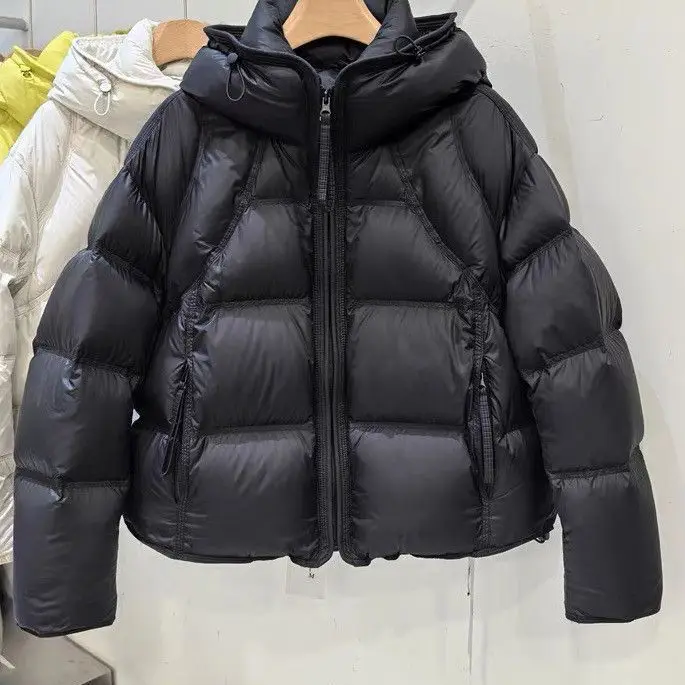 Short Puffer Jacket Women Winter Hooded Thick Down Cotton Coat Warm Zip Up Loose Yellow Bubble Parka Outerwear