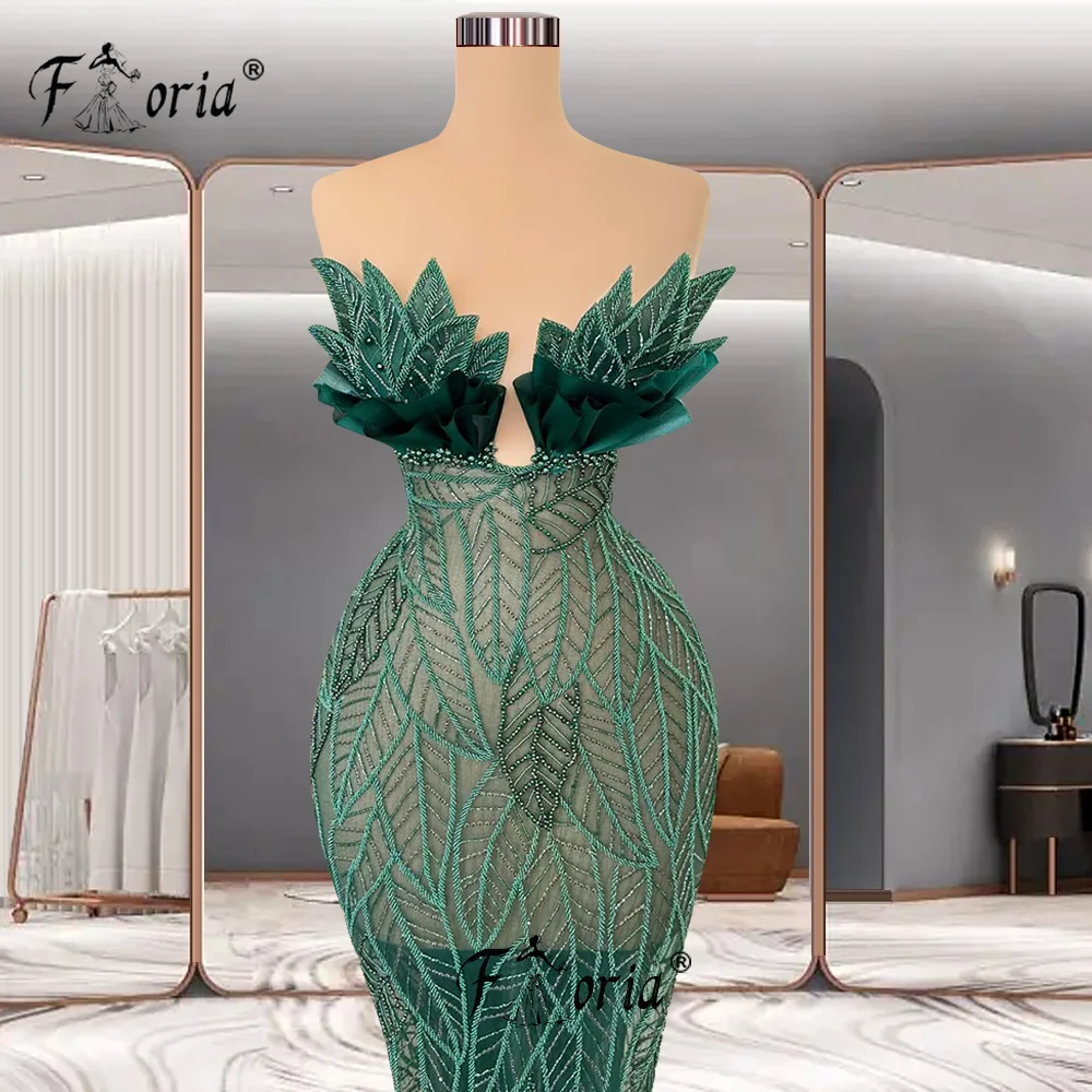 Haute Couture Leaf Design Cocktail Dress Green Dubai Crystal Fitted Waist Prom Dresses Unique Prom Celebrity Party Dress New