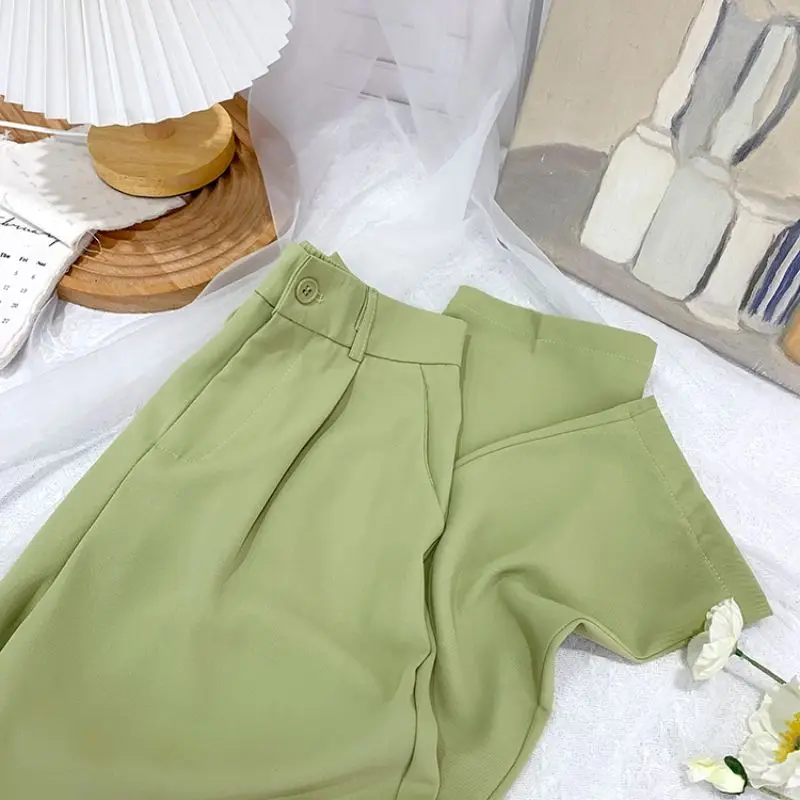 2024 Spring Summer Women Green Clothing Outfits Korean Lady Fashion Hollow Out Knit Tops Sling Vest High Waist Pants 3 Pcs Sets