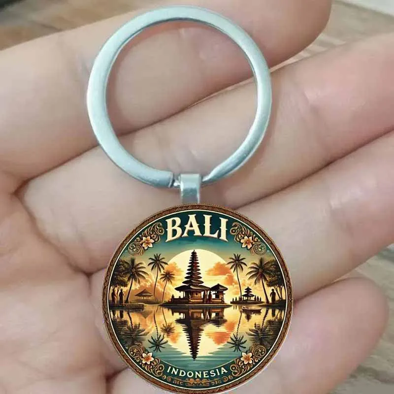 Porte-clés circulaire sur le thème du paysage d'Indonésie de Bali
