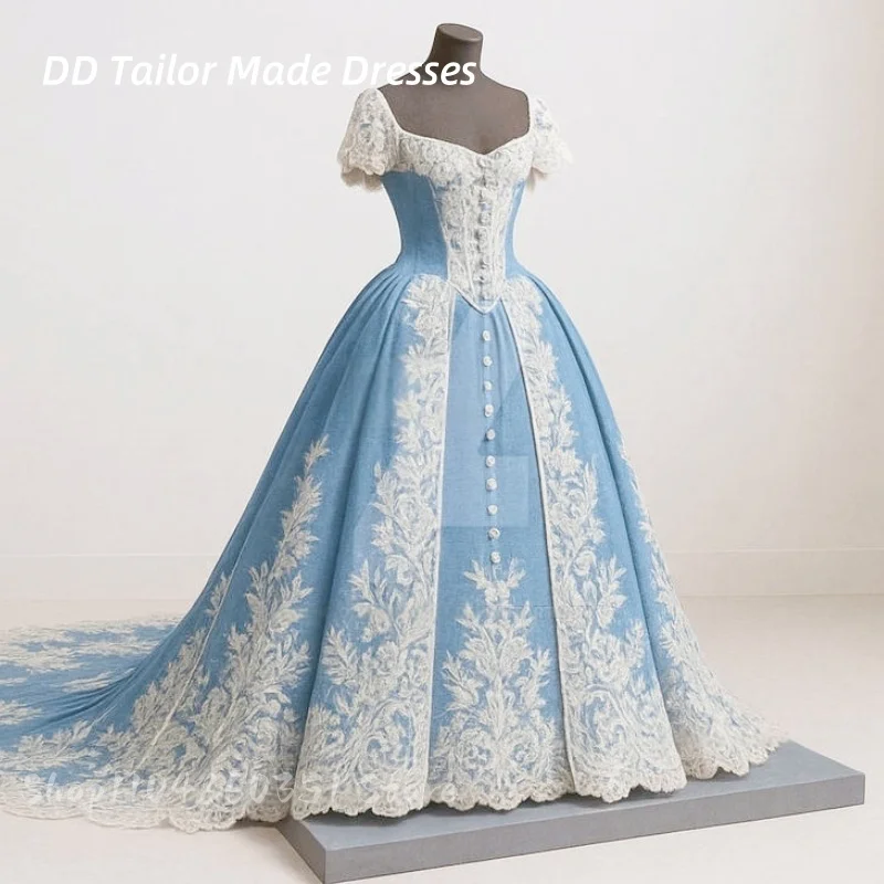 

Vintage Victorian Evening Dresses Chapel Train Lace Short Sleeves Light Blue Masquerade Dress Princess Formal Gowns Customized