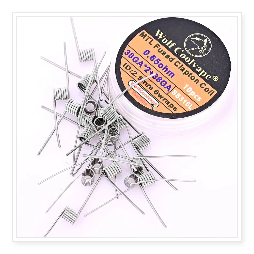 10pcs Wolfcoolvape MTL Fused Clapton Coils 0.65ohm for RDA/RTA - SS316L 30GA*2 + 38GA