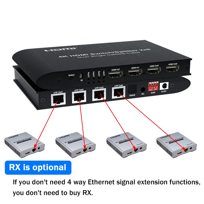 4K 2X6 Hdmi Switch Splitter Extender 100M Met 4 Poort Rj45 Ethernet Cat6 Kabel Uitbreiding Video Converter Voor Laptop Tv Monitor