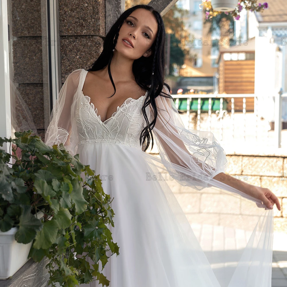 Semplici abiti da sposa a-line bianchi con scollo a V 3/4 maniche Tulle da sposa Growns Appliques cerniera posteriore lunghezza del pavimento Vestidos De Novia