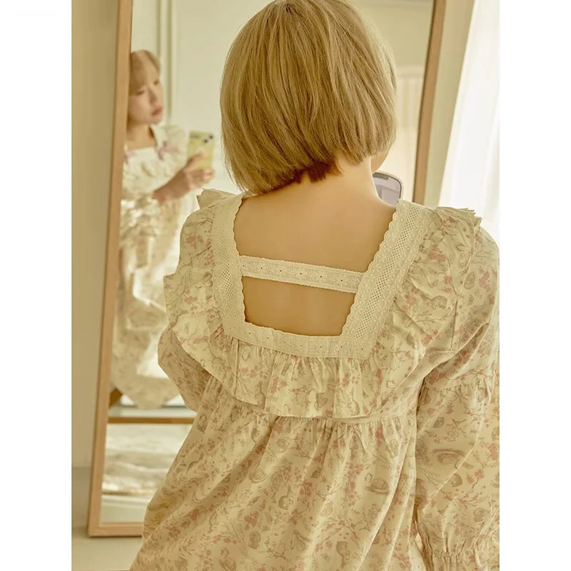 New Spring and Fall Ladies Nightgown Cute Sweet Lace Lacy Lazy Wind Girl Students Foreign-Style Pajamas Home Wear Dresses