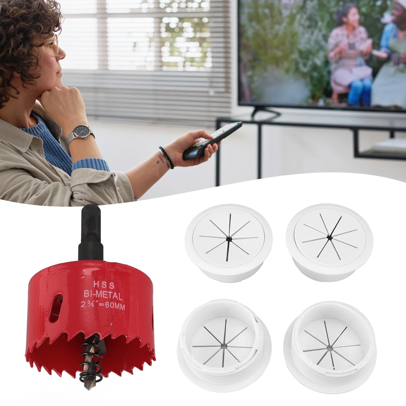 TV Wire Hider for Wall 2-3/8in 60mm Hole Cord Hider in Wall Cable Management Kit Includes 4 Pass Throughs 1 Hole Saw Drill