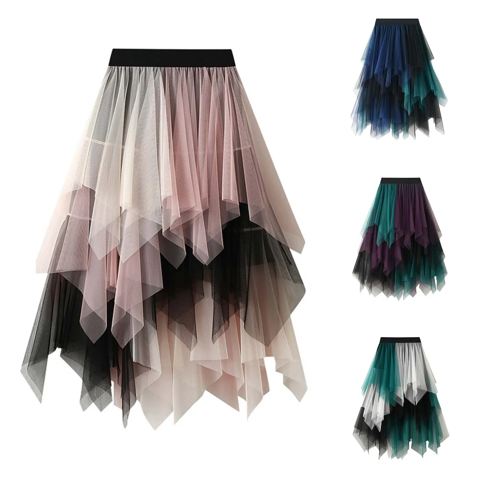 

Multi Layers Mesh Long Tulle Skirt Irregular Elastic Waist Elegant High Waist Ball Gown Gauze Tutu Skirt For Spring Summer