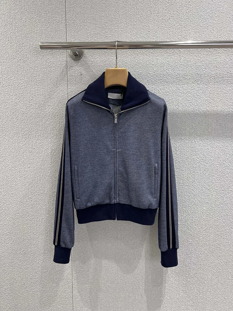 

Spring and Autumn fashion navy blue casual wool short jacket Knitted women loose zipper short jacket