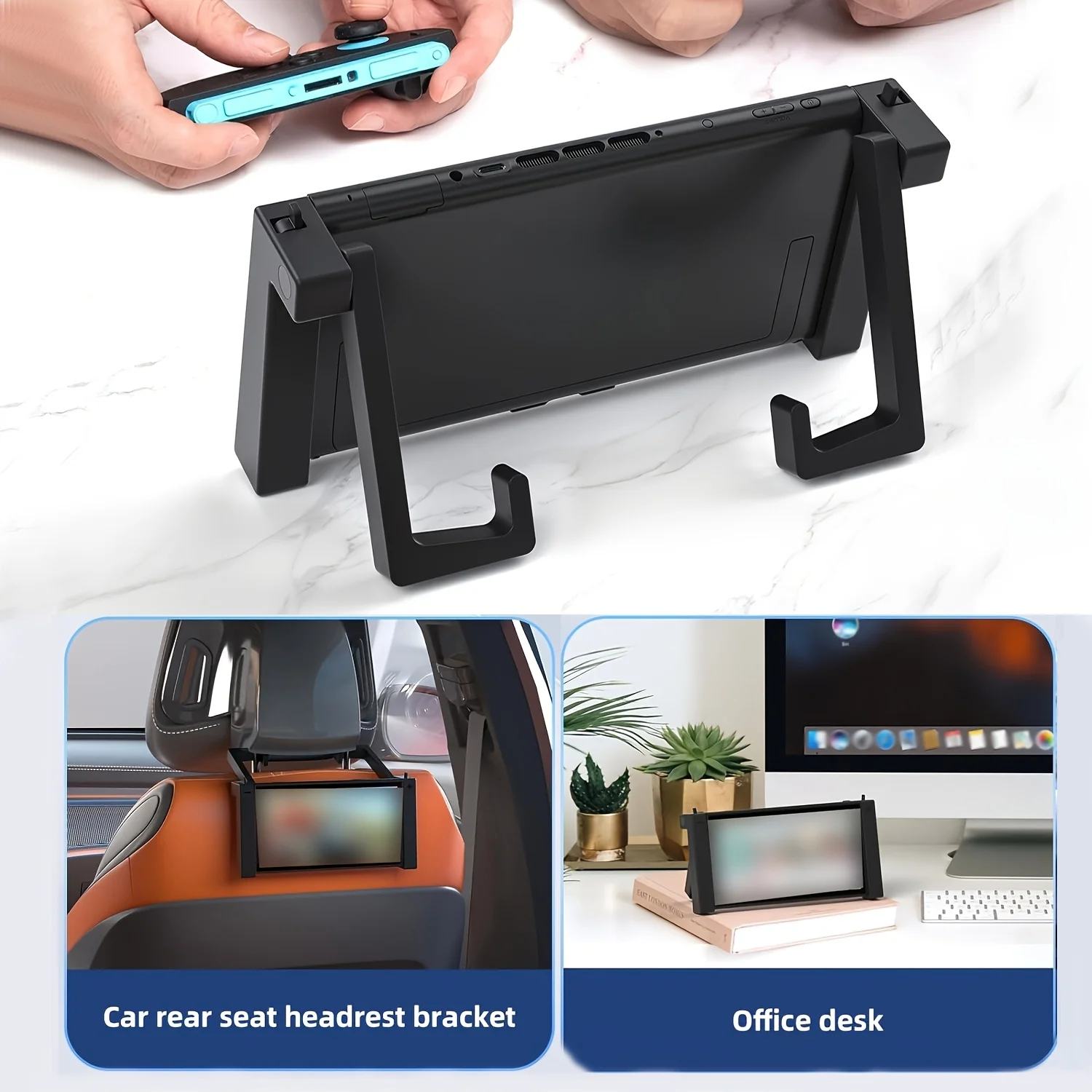 For Switch 2 Car Headrest Mount & Table Stand Wide-Fit Adjustable Hooks, Case-Friendly Grip, Multi-Angle Holder