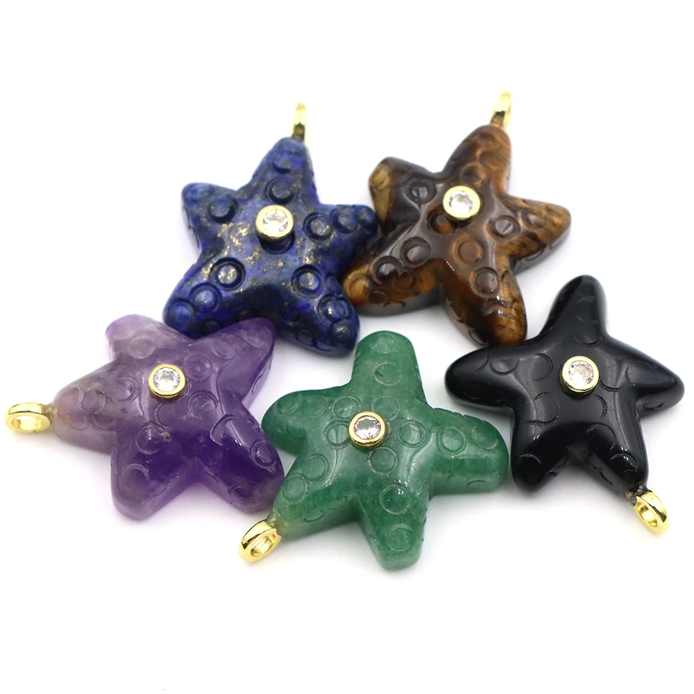 Natural Stone Starfish Pendant 25mm with White Zircon Ocean Style Charm for DIY Jewelry Necklace Making Accessories Findings Sup