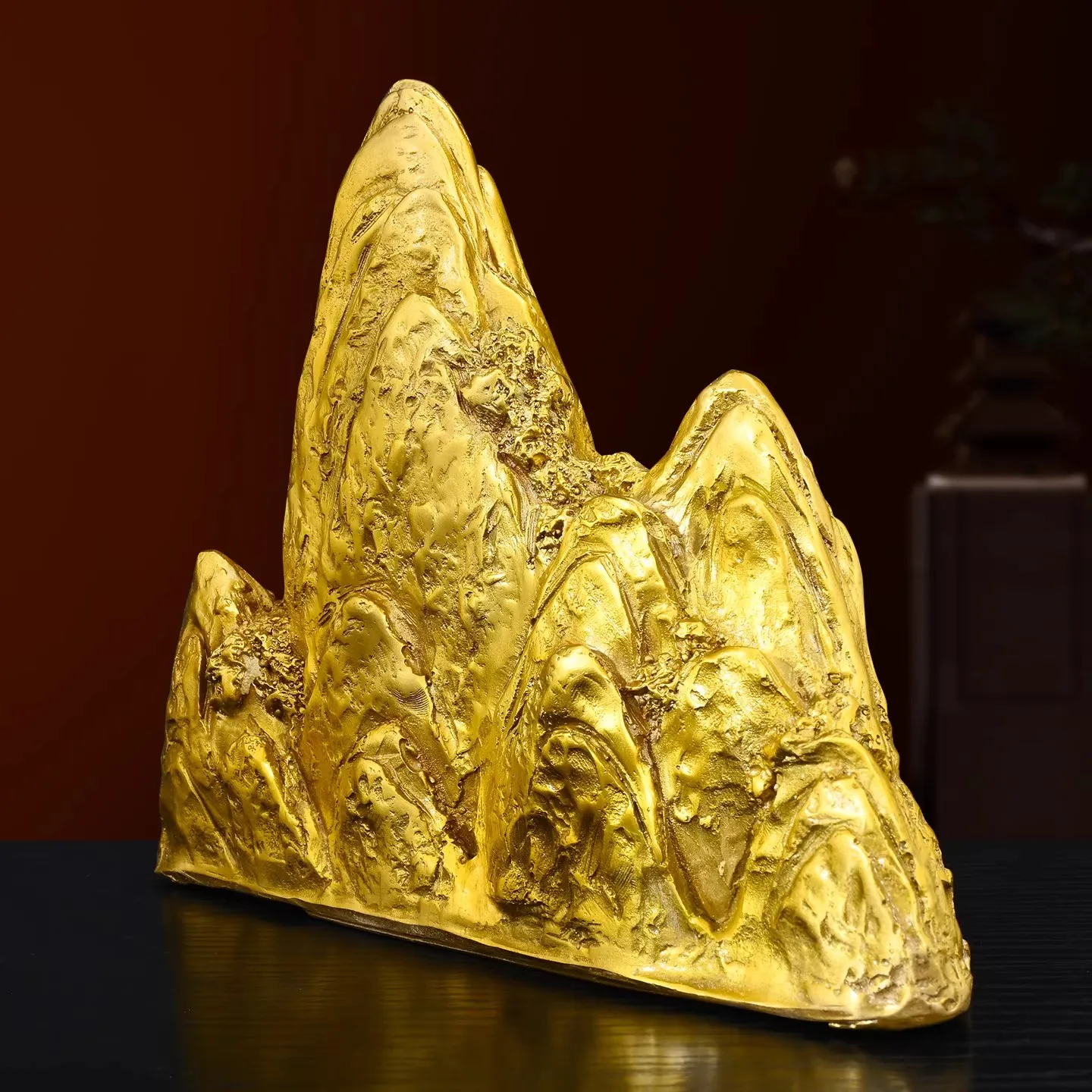 Feng Shui Brass Mountain of Wealth Statue， Solid Copper Support Symbol for Office Desk， Chinese Money Mountain Ornament for Ho