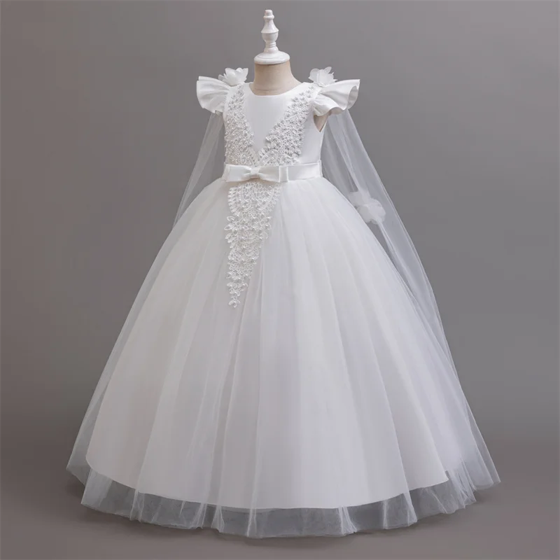Girls Elegant Banquet Dresses Children 3D Flower Mesh Bow Long Skirt Kids Princess Style Evening Birthday Party Performance Gown