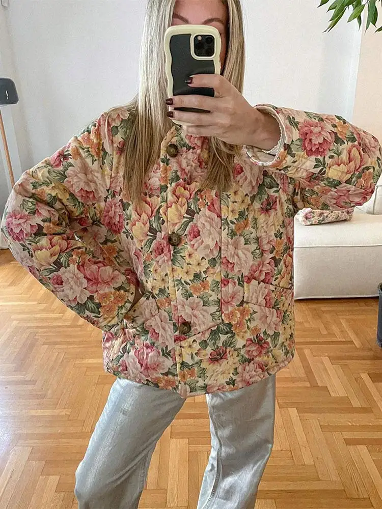 Chaqueta de algodón con estampado de botones para mujer, abrigo holgado de manga larga con cuello levantado, ropa de calle para otoño, 2024