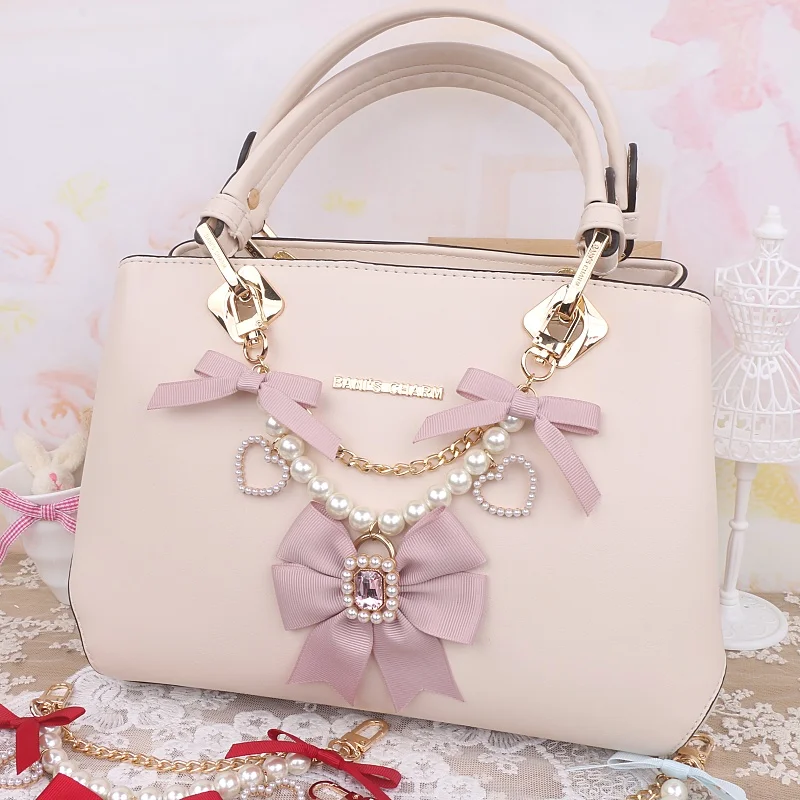 Handmade Japanese Mine Sweet Cute Stringed Pearls Bow Rhinestone Chain Itabag Bag Charms Cute Handbag Pendant Accessories