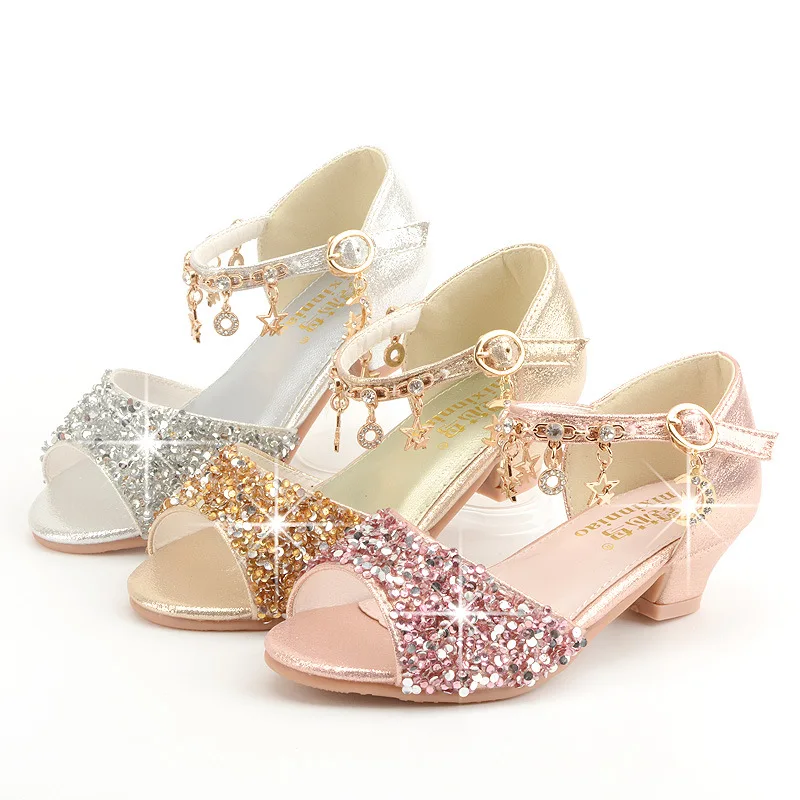 Summer Kids Princess Sandals Glitter Rhinestone Student Party Dance Performance Shoes Fashion Tassel Crystal Children High Heel