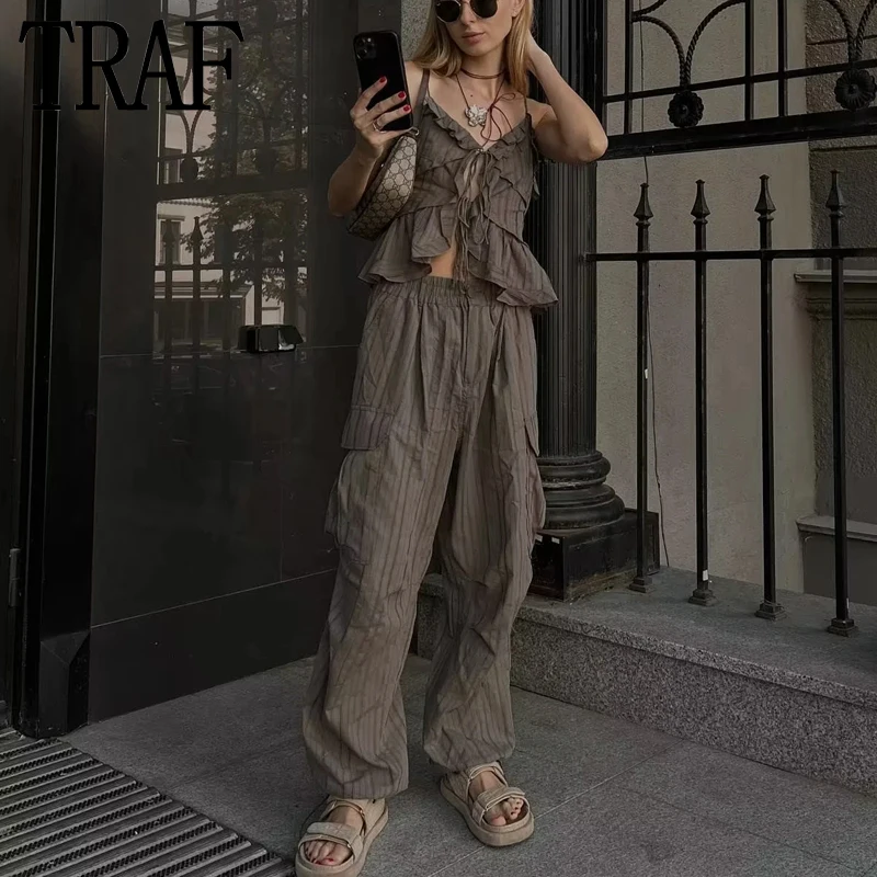 TRAF Striped Cargo Pants Women Mid-Waist Baggy Pants Woman Fashion Streetwear Y2k Summer Pants Sets Pockets Women's Trousers