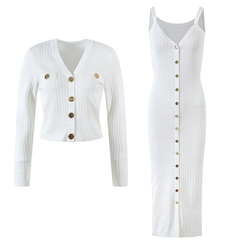 CHUJIE Damen-Kleid-Set 2022, Frühjahr/Sommer, neues französisches Waffel-Metallschnalle-Strickjacke mit V-Ausschnitt + einreihiges Kleid-Set