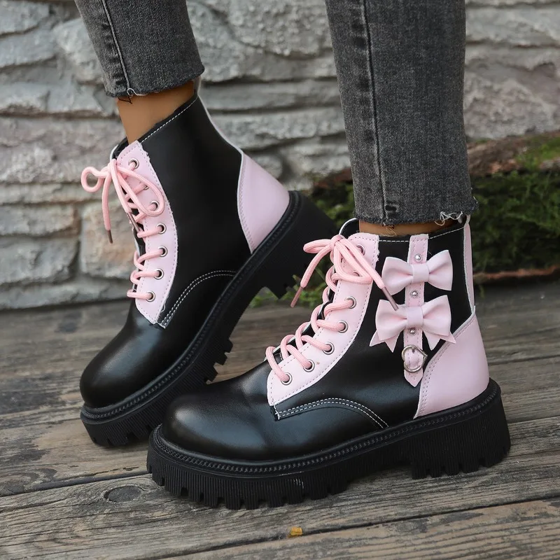 

Sweet Pink Bowknot Mix Color Ankle Boots Women 2025 Autumn Thick Bottom Lace Up Boots Punk Metal Decoration Booties Size 35-42