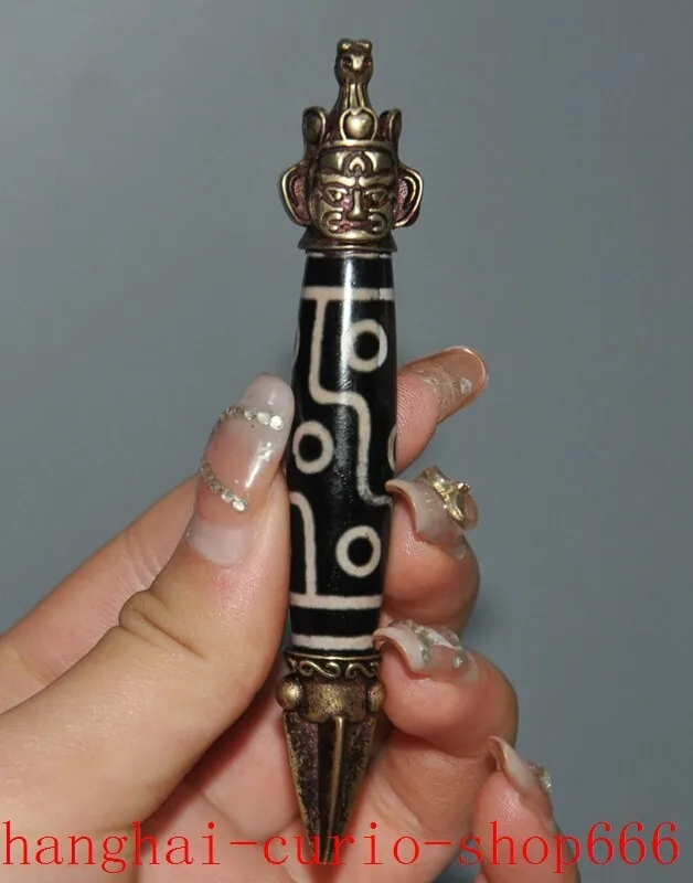 

4.2 inch Chinese ancient temple agate carving exorcism dzi bead Buddha head vajra faqi-Natural materials