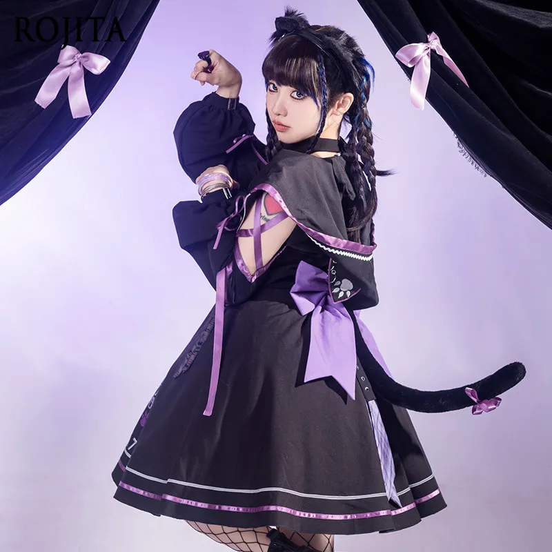 

Women's Punk Lolita Three-Piece Set for Daily and Rave Wear Black Purple Plaid JSK Dress with Puff Sleeve Jacket and Belt Bag