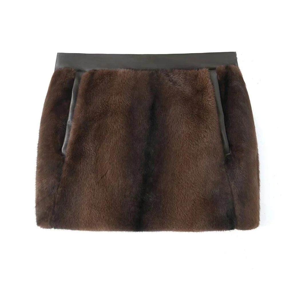 

2025 TRAF Spring New Women's Fashion Versatile Pocket Decoration Artificial Fur Effect Straight Short Skirt