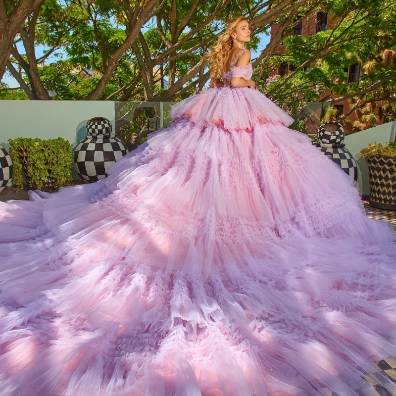 Rosa quinceanera vestidos fora do ombro apliques miçangas cristal em camadas tull festa de aniversário doce 16 vestido vestidos 15 anos