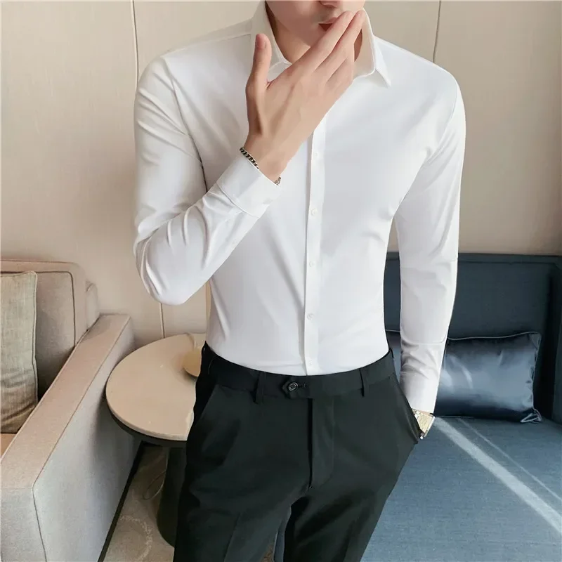 Men High Elasticity Slim Fit Shirt 2024 Summer New Thin Solid Casual Formal Dress Shirt Long Sleeved Men Clothing Oversized 4XL