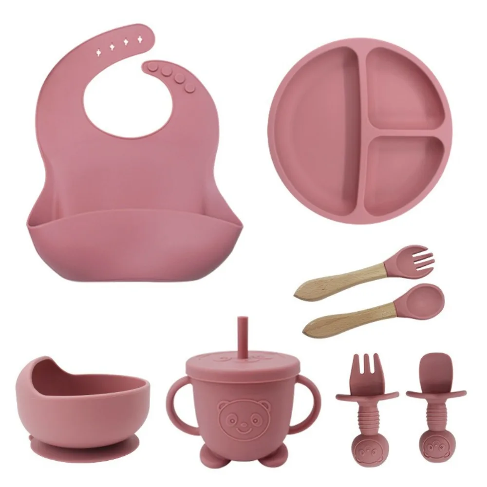 

8/5Pcs Food Grade Silicone Children's Rice Bowl Set with Spoon Straw Cup Dish Set Suction Cup Design Bibs Tableware