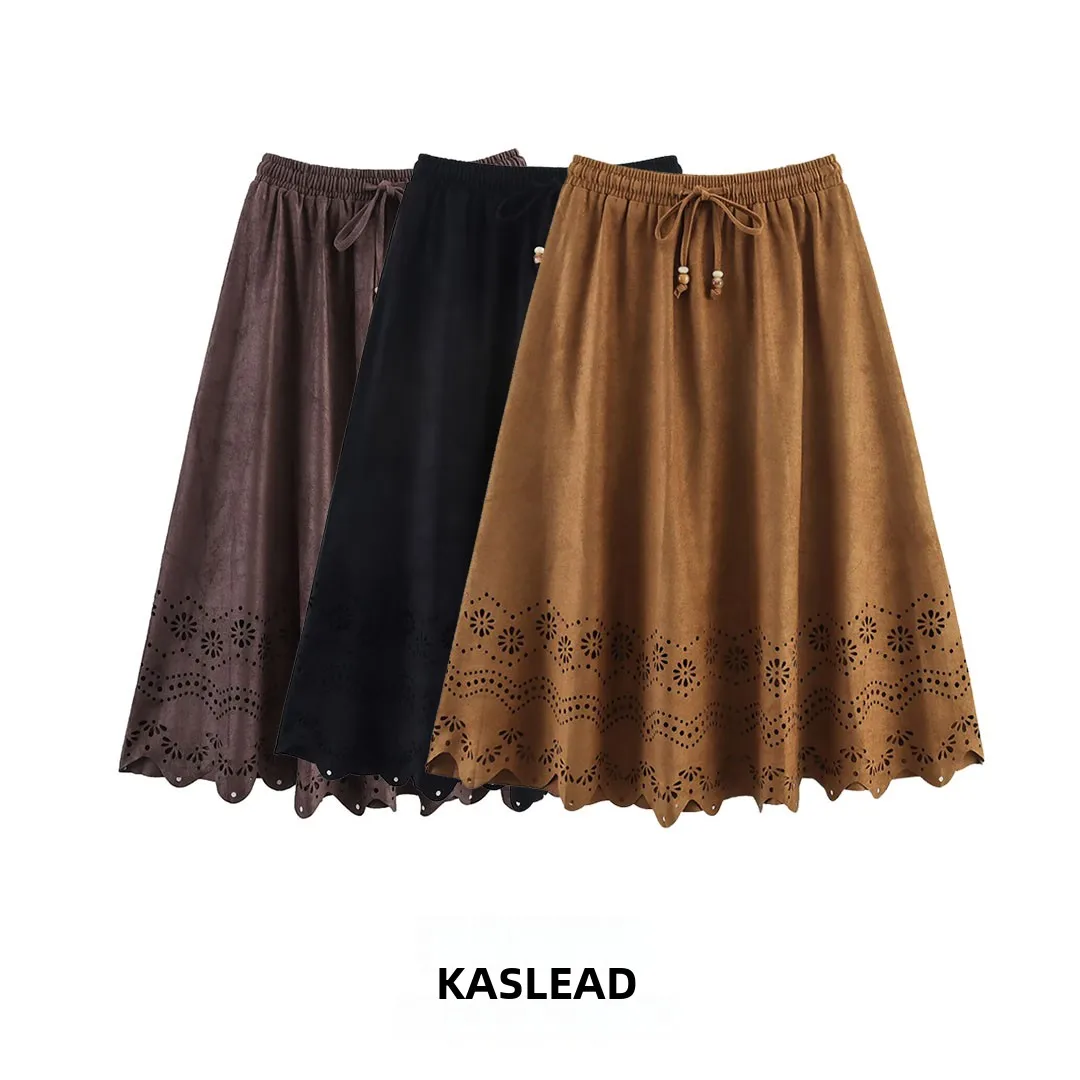

KASLEAD Mid-Length Suede Skirt Laser-Cut Flower Holiday Sle Women's Faion Street-Sle Stand Fit A-Line Skirt