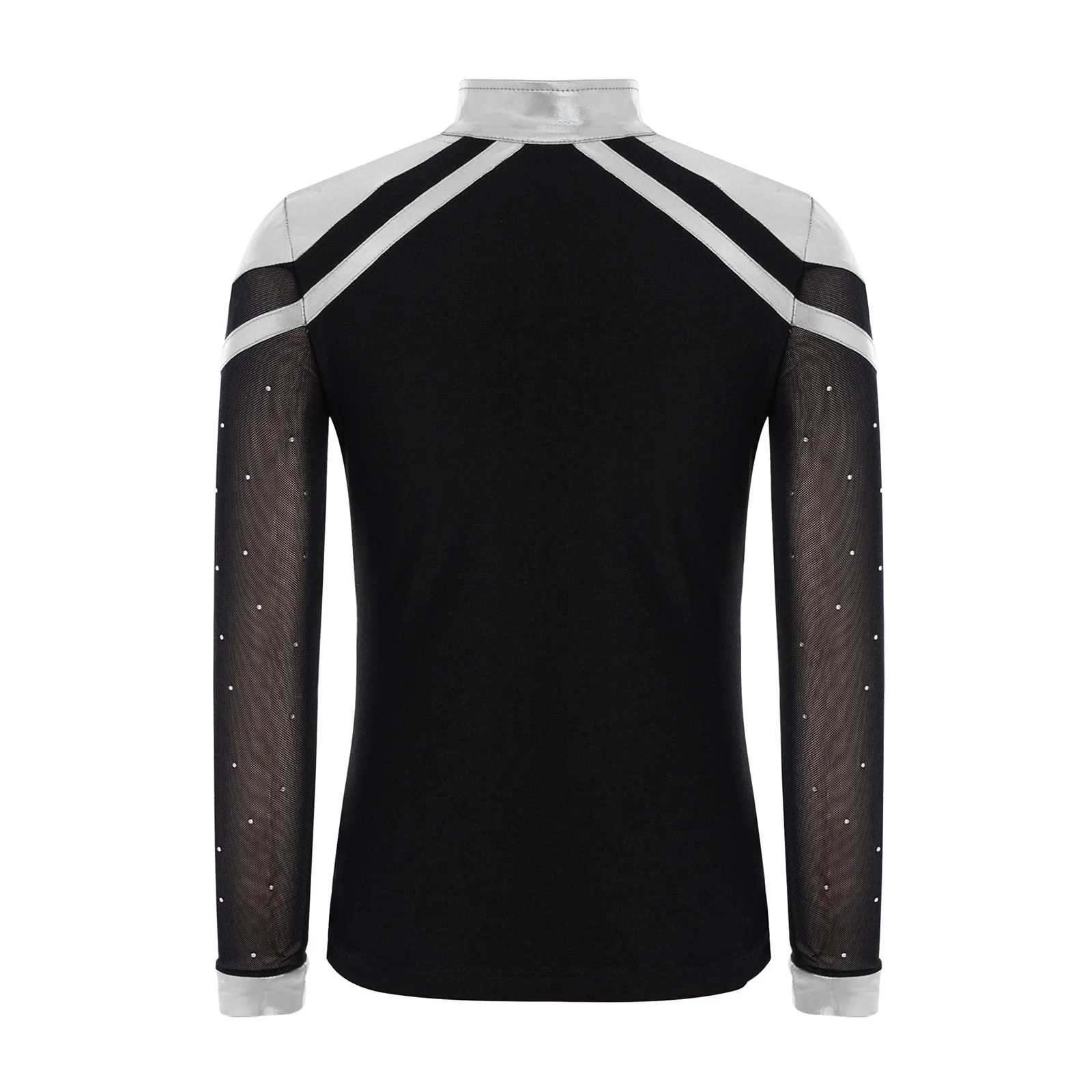 เสื้อเต้นรำสำหรับเด็กผู้ชาย ประดับคริสตัล เหมาะสำหรับยิมนาสติก บัลเลต์ ฟิกเกอร์สเก็ต คอวี แขนยาว ชายเสื้อผ่าข้าง ผ้าเมทัลลิก สำหรับเต้นลาติน