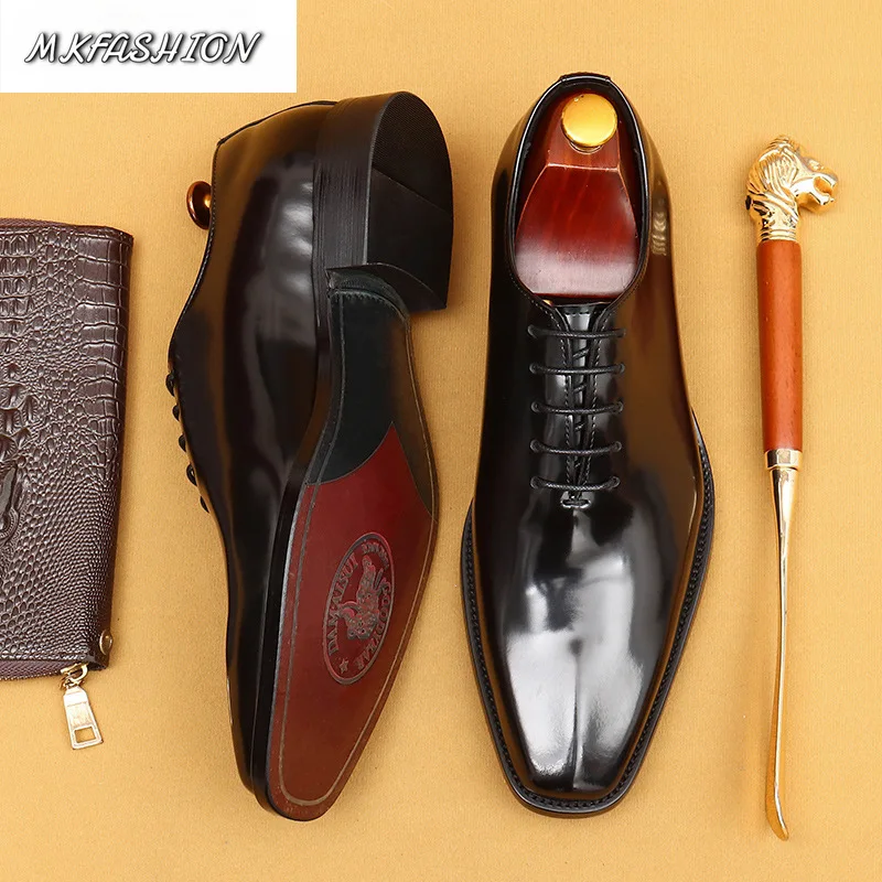 Men's British Glossy Cowhide Leather Oxford Shoes Square Toe Flats Wedding Party Footwear