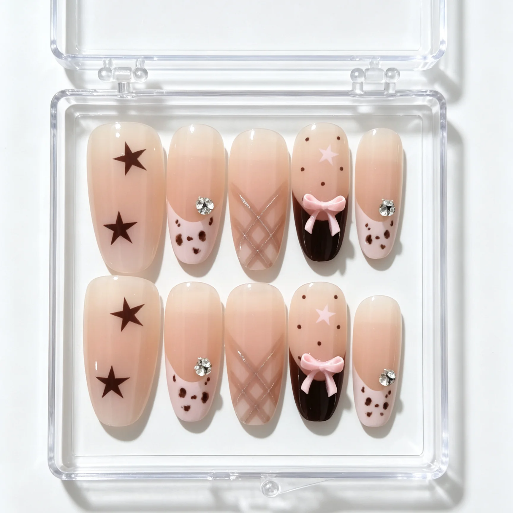 10 pièces de faux ongles en forme d'amande pressés à la main, magnifiques faux ongles, motif léopard marron café, adaptés aux femmes