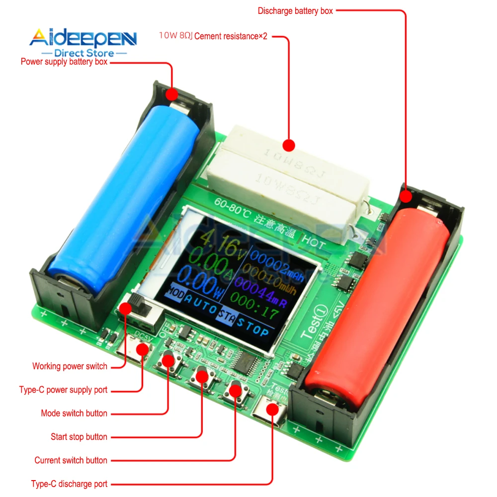 Type-C LCD Display Battery Capacity Tester MAh MWh Lithium Battery Digital Battery Power Detector Module 18650 Battery Tester