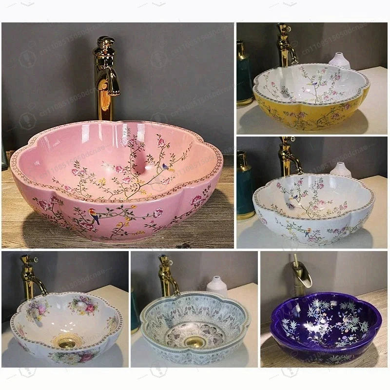 

Умывальник для ванной комнаты, садовый, в форме лепестка, с узором «Цветы и бабочки», настольный, художественный дизайн