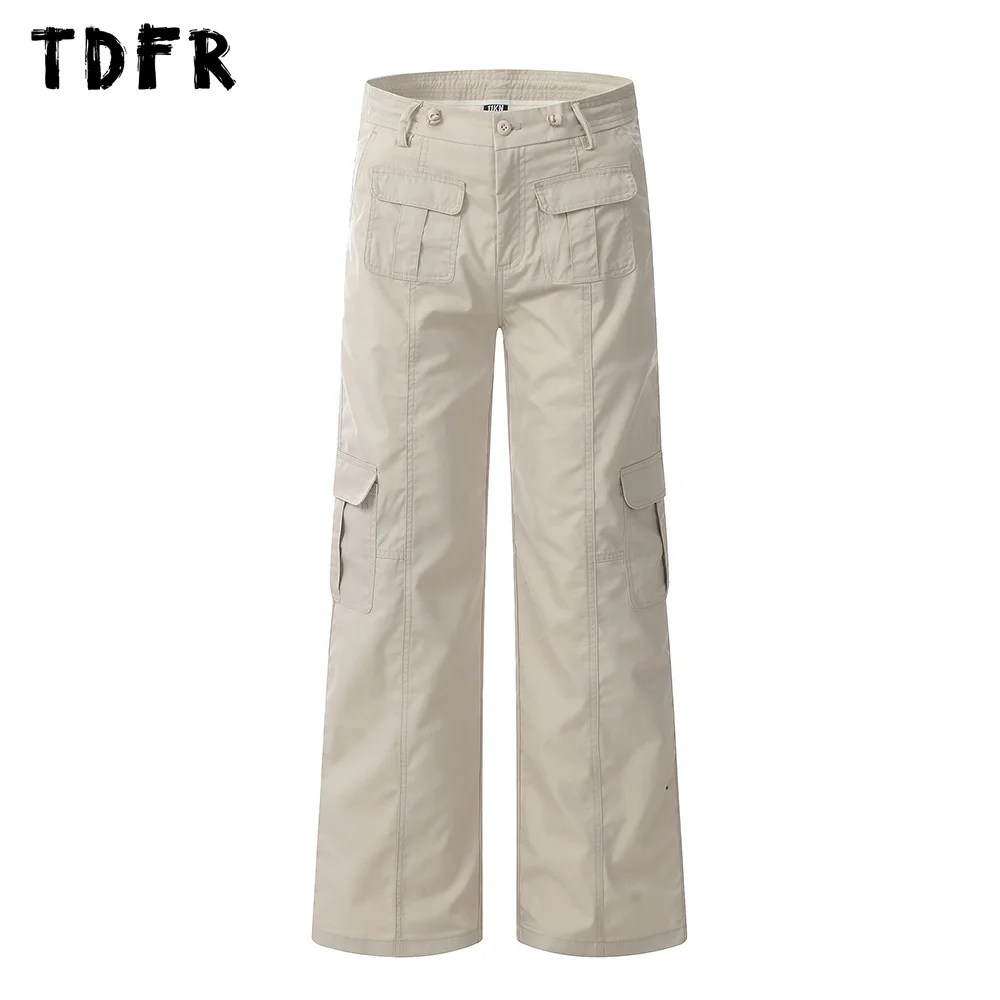 

Retro Cargo Pants Mens Safari Style Solid Color Pocket Spliced Elastic Waist Straight Loose Wide Leg Trousers Men