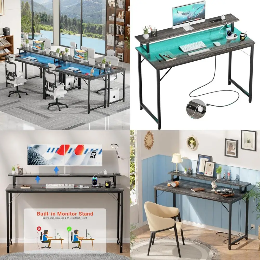 

47 inch Computer Desk with Power Outlets, Gaming Desk with LED Lights, Home Office Work Desk with Monitor Shelf, Modern Office D