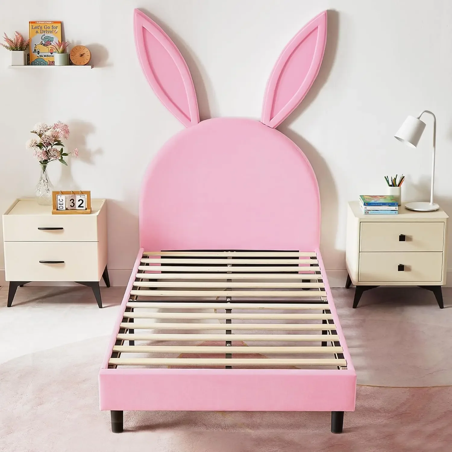 Pink Twin Bed Frame with Bunny Ear Headboard, Upholstered Velvet Padded for Girls, Sturdy Wood Slats, No Box Spring Needed