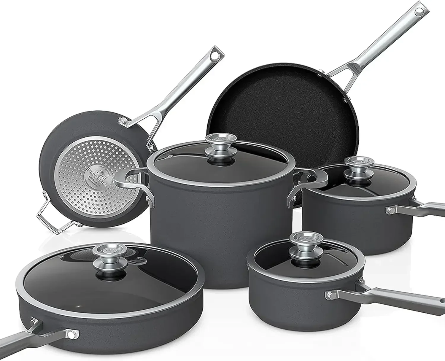 

NeverStick Premium 10 Piece Pots & Frying Pans Set, with Glass Lids, Nesting, Hard Anodized, Kitchen Cookware Sets Nonstick