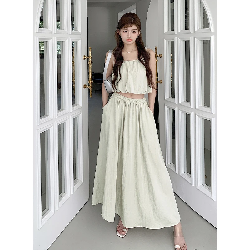 

Dress Suits for Women New 2023 Summer Korean Loose Simple Solid Color Short Pleated Suspender Top + Long Skirt Two-piece Suit