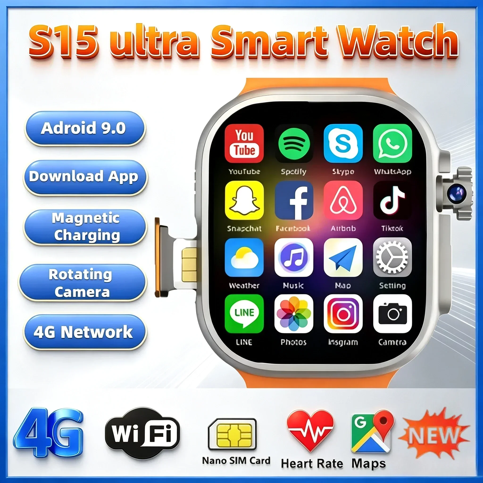 2026 S15 Ultra 5G Smart Watch, 180 Degree Rotatable Camera, GPS WiFi SIM Card Slot, Health Tracker & Replacement Straps