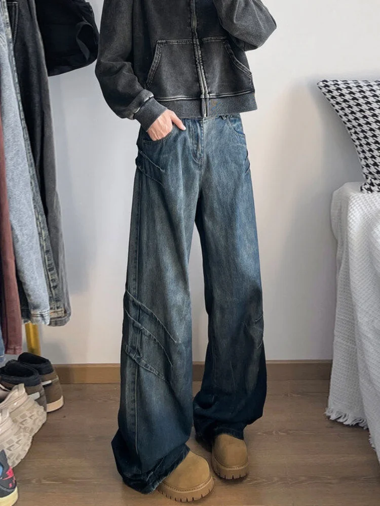 

Мужские свободные джинсы-клеш в американском стиле, прямые брюки с широкими штанинами, с дизайнерскими складками и изогнутым кроем