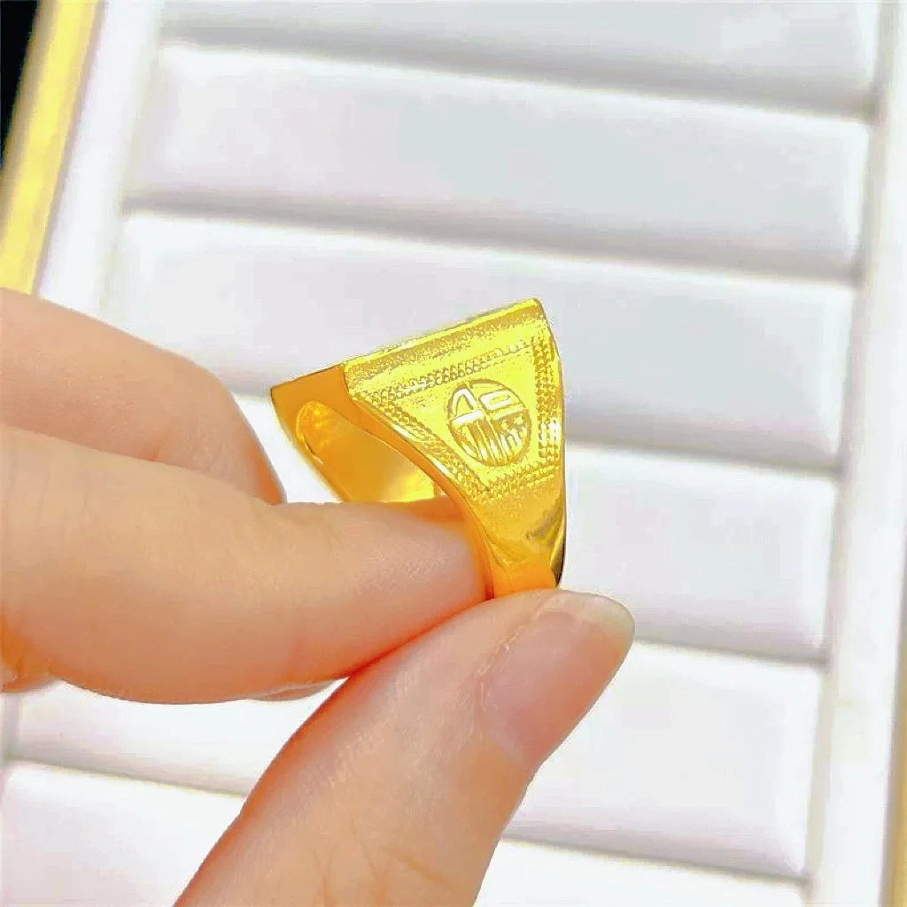 High Quality Pure Gold Zhao Cai Jin Bao Square Opening Ring Men 24K Gold AU999 Real Gold and Durable
