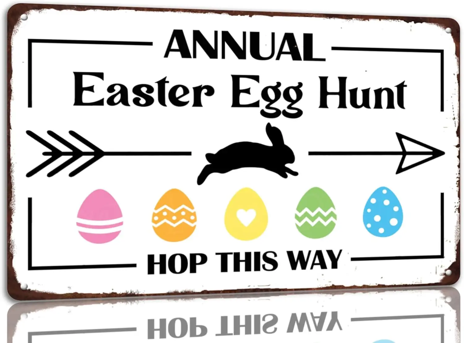 Letrero de metal vintage de Pascua con diseño de caza de huevos de Pascua anual, letreros decorativos divertidos de conejos, letreros decorativos de primavera con ramo de huevos y pollitos para pared A