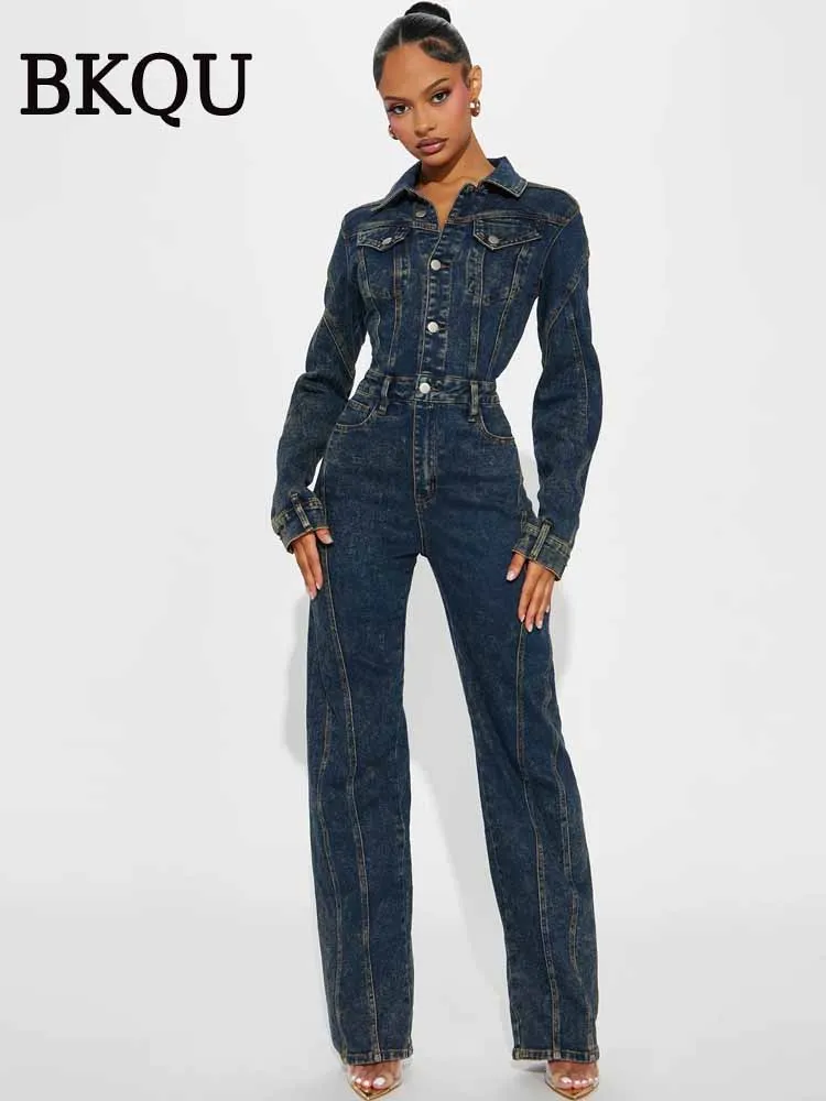 BKQU Retro Washed Denim Wide Leg Jumpsuit Women 2025 Spring Fashion Long Sleeve Button Elastic One Pieces Jeans Rompers Overalls
