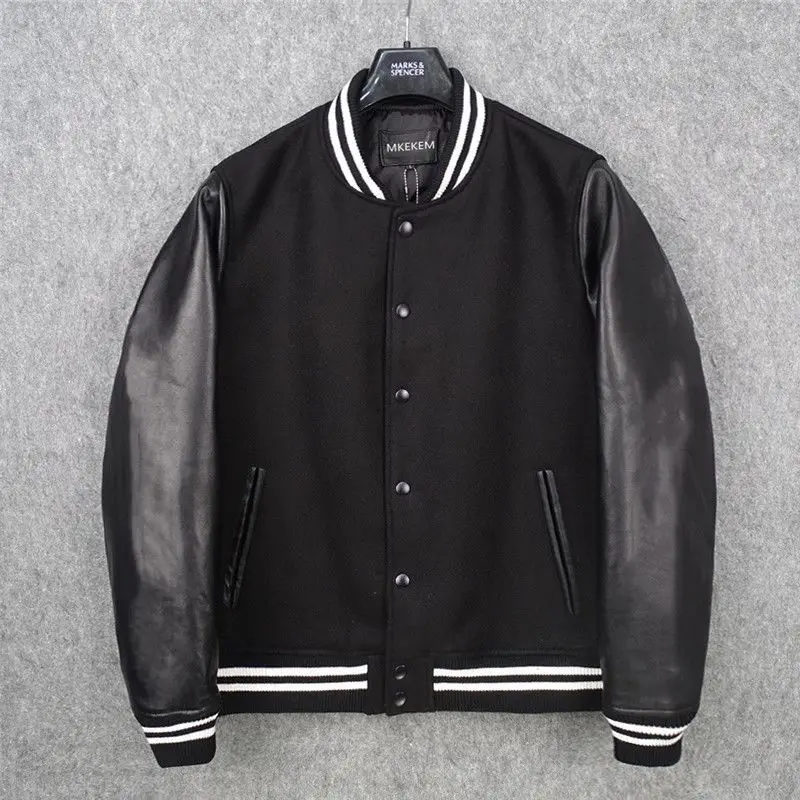 Wool nylon sheepskin sleeves baseball jersey short leather jacket first layer sheepskin leather leather jacket for men and women