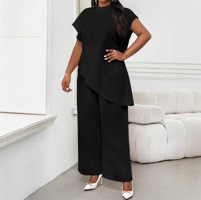 

Summer 2-Piece Solid Color Round Neck Asymmetrical Hem Casual Temperament Bat Sleeve Top High Waisted Straight Leg Pants Set