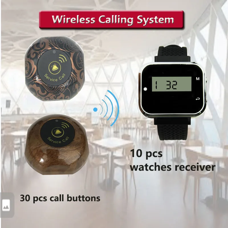 QWICALL  30 Call Button bells transmitters 10 Watch pager receiver Restaurant Hotel Cafe Shop Pager Wireless Calling System