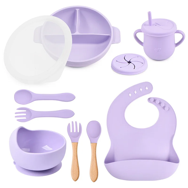 Split Tray Silicone Baby Weaning Utensils Set Includes Suction Bowl Plate Spoon Fork Cup Lid Toddler Feeding Supplies Set