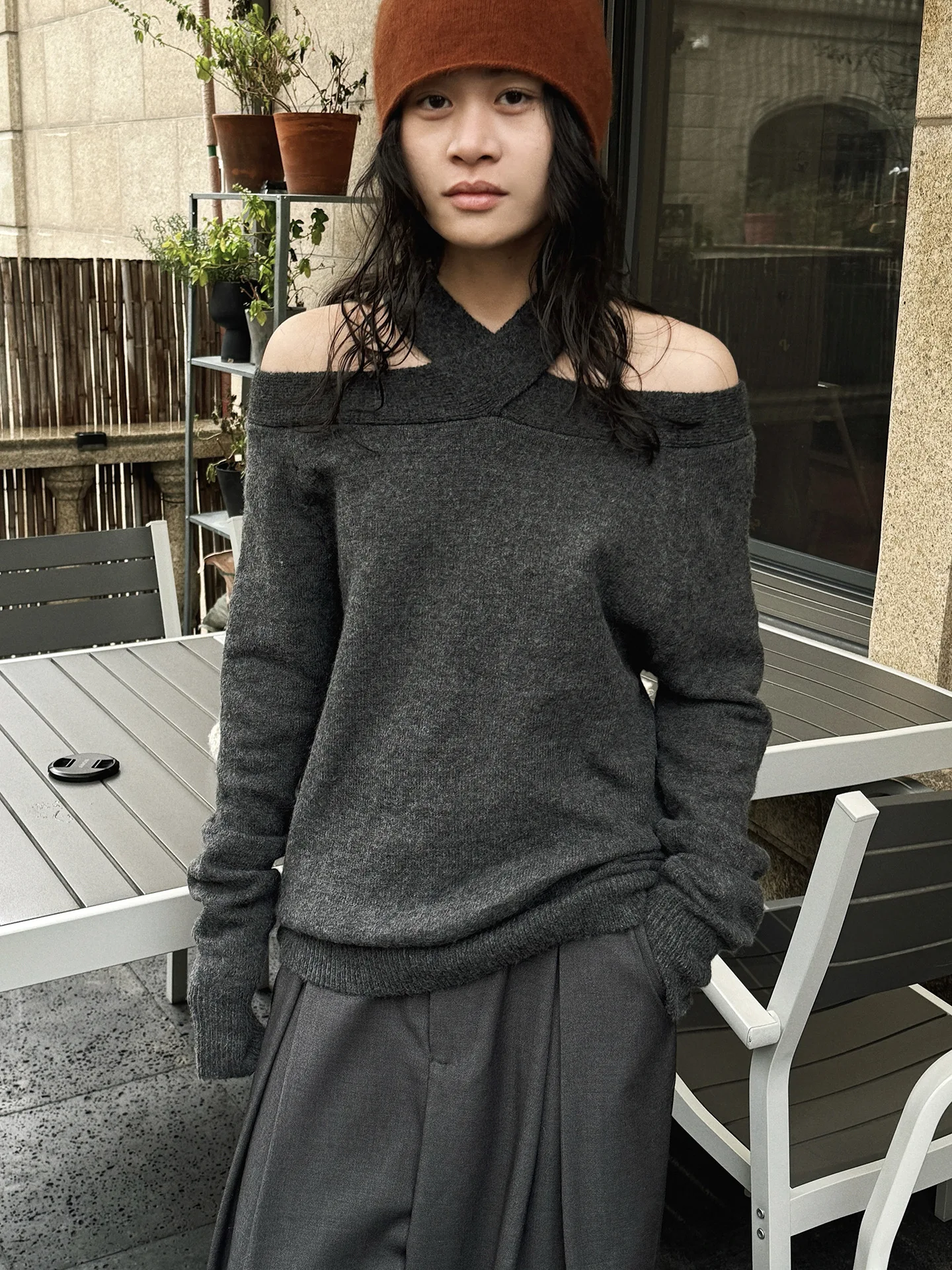 

Spring fashion design with hanging neck, one line off shoulder, long sleeved sweater, loose silhouette top for women